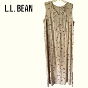 L.L.Bean LINEN FLORAL MAXI DRESS Cottagecore TAN & PINK FLORAL Lagenlook 20W EUC